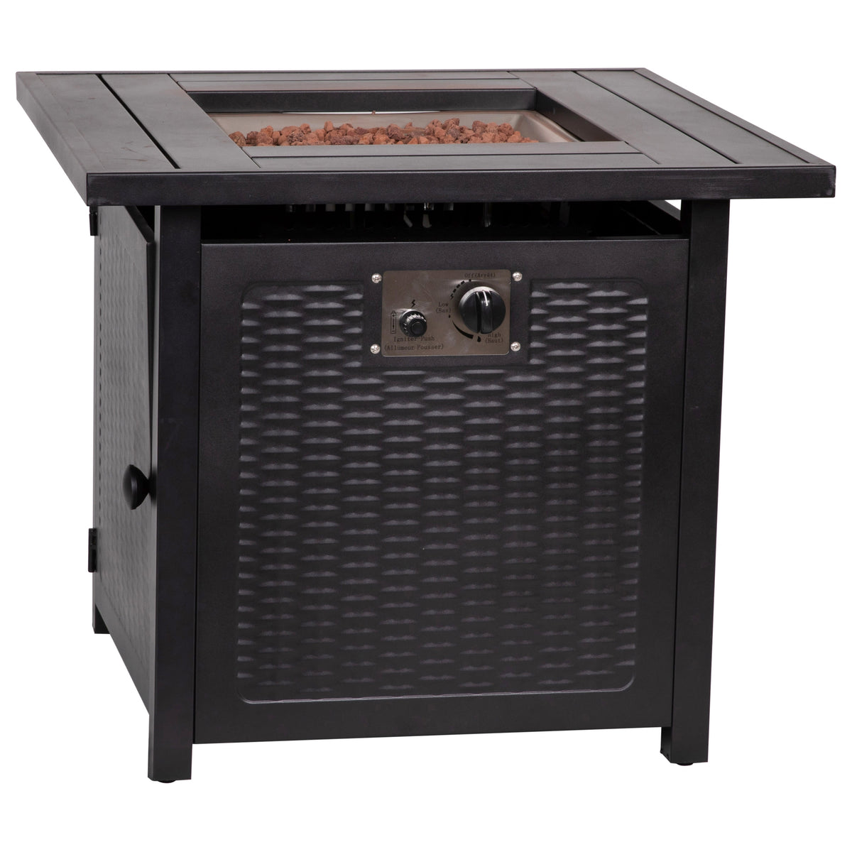 Black |#| Outdoor 50,000 BTU Black 28inchSquare Metal Fire Pit Table with Lid and Lava Rock
