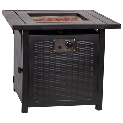 Olympia 50,000 BTU Outdoor Propane Gas Fire Pit Table with Stainless Steel Tabletop, Lid, Lava Rocks, and Steel Wicker Detail Base