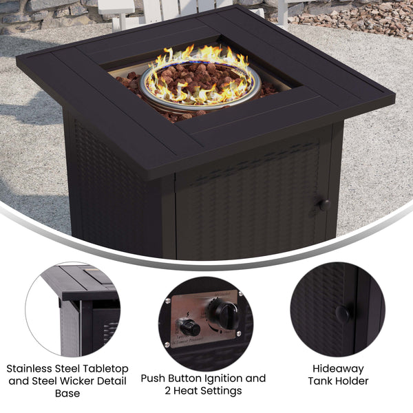 Black |#| Outdoor 50,000 BTU Black 28inchSquare Metal Fire Pit Table with Lid and Lava Rock