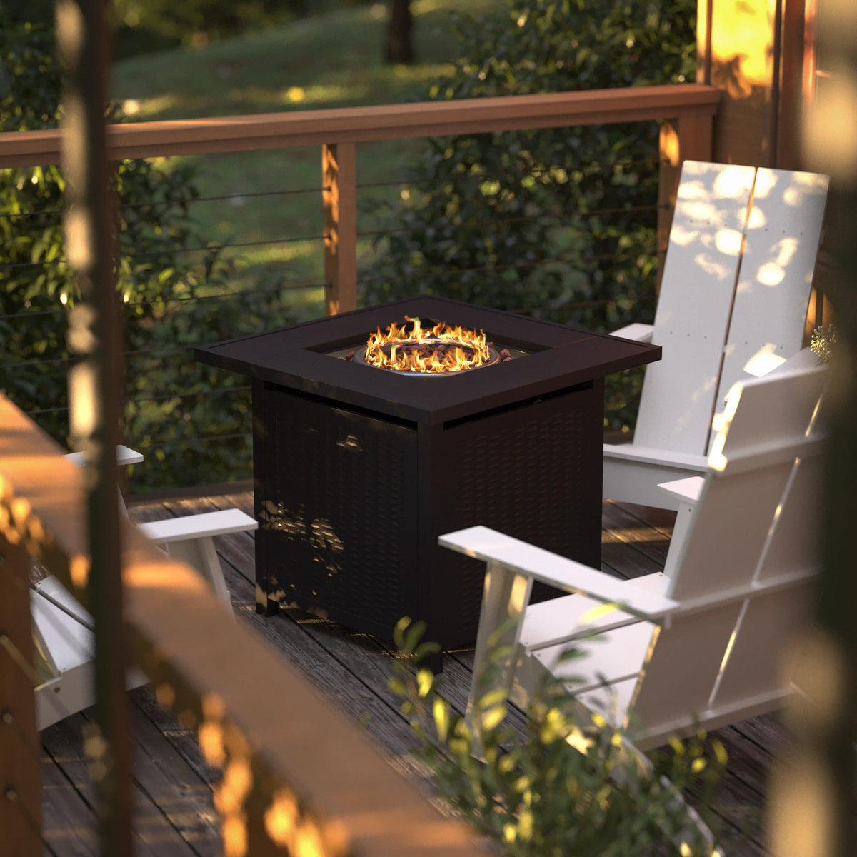 Black |#| Outdoor 50,000 BTU Black 28inchSquare Metal Fire Pit Table with Lid and Lava Rock