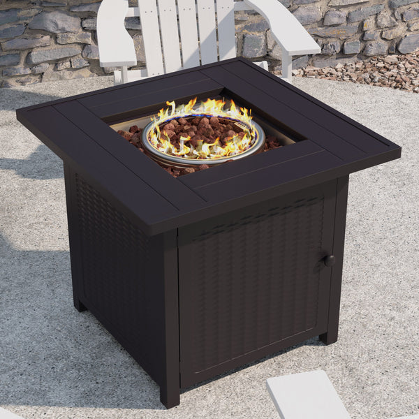 Black |#| Outdoor 50,000 BTU Black 28inchSquare Metal Fire Pit Table with Lid and Lava Rock