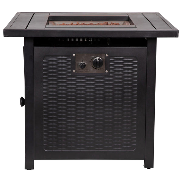 Black |#| Outdoor 50,000 BTU Black 28inchSquare Metal Fire Pit Table with Lid and Lava Rock