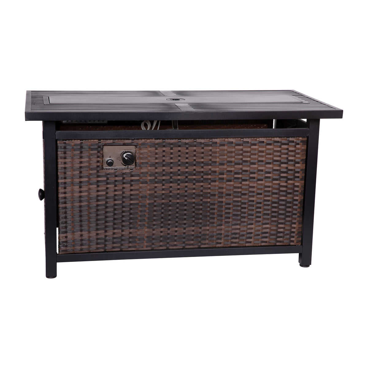 Espresso/Black |#| Outdoor 50,000 BTU Fire Table with Steel Top and Wicker Base-Black/Espresso