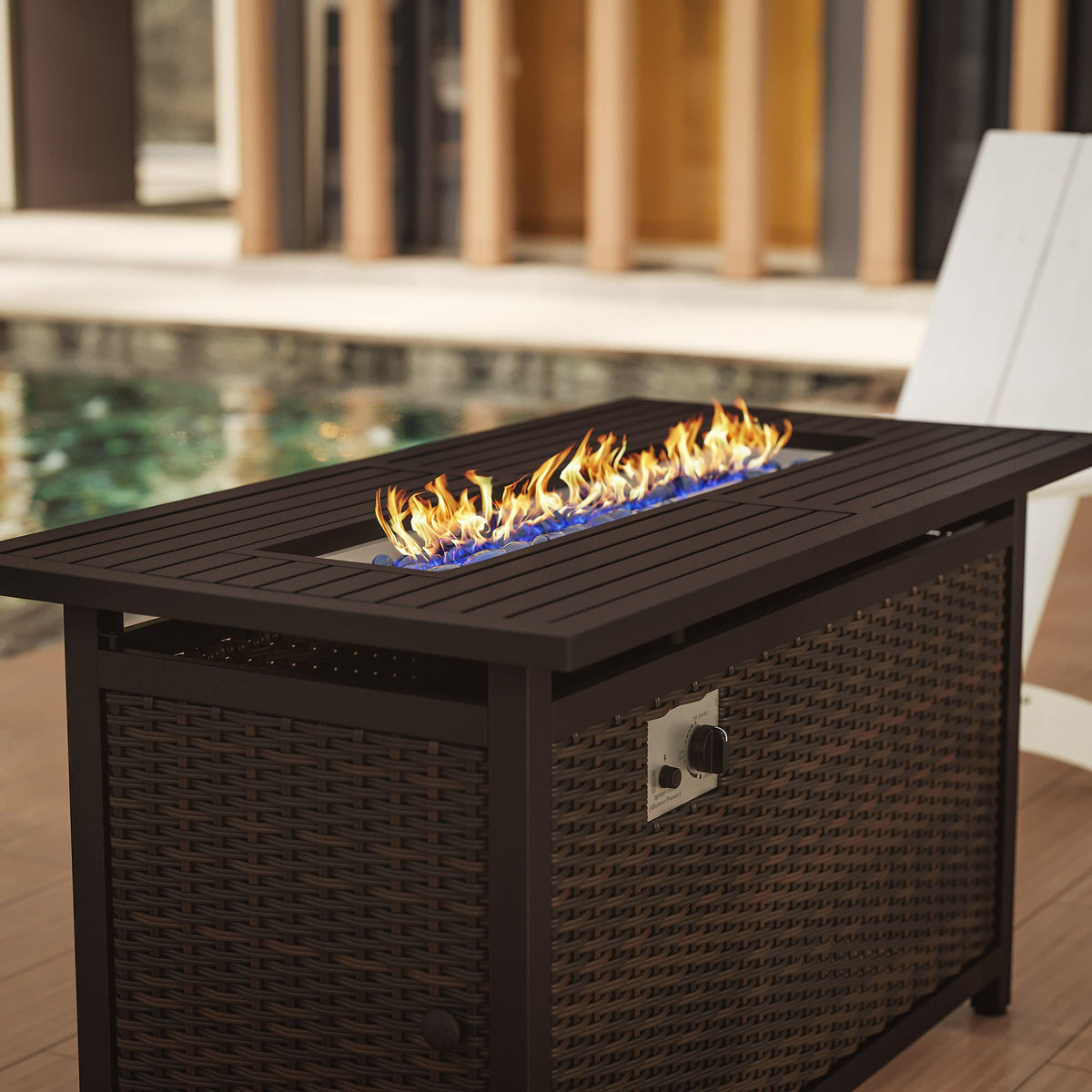 Espresso/Black |#| Outdoor 50,000 BTU Fire Table with Steel Top and Wicker Base-Black/Espresso