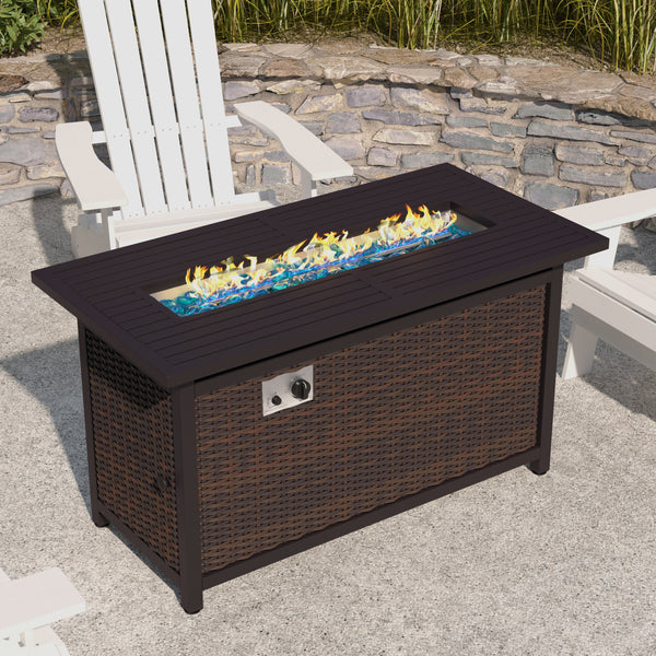 Espresso/Black |#| Outdoor 50,000 BTU Fire Table with Steel Top and Wicker Base-Black/Espresso