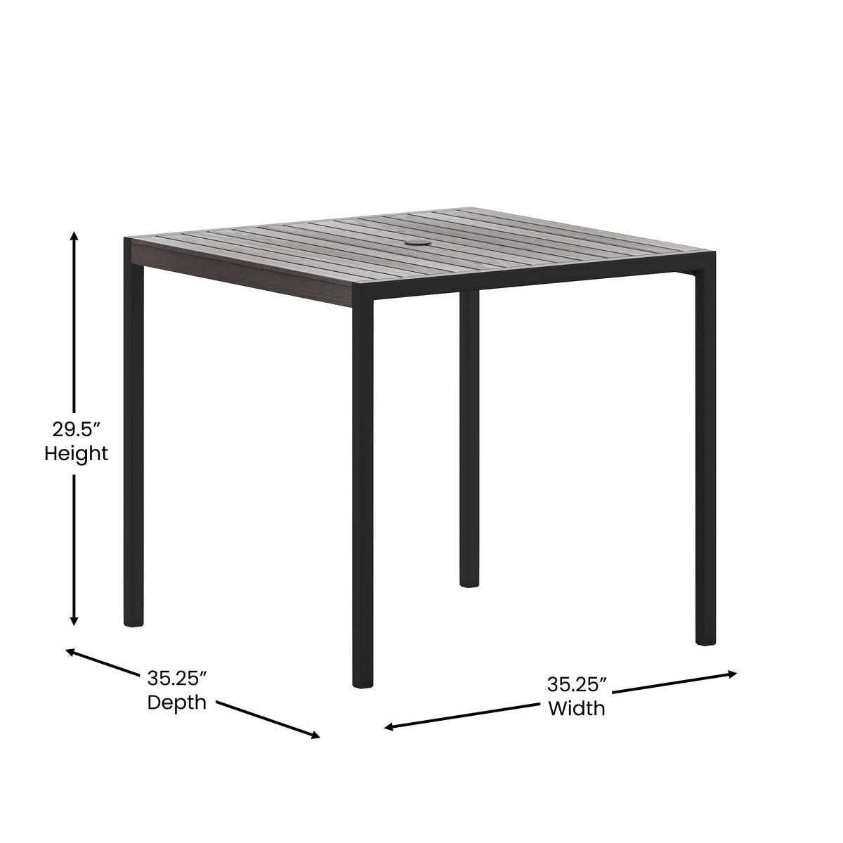 Gray Wash Teak |#| Steel All-Weather Patio Dining Table with Gray Wash Faux Teak Slat Top-Seats 4