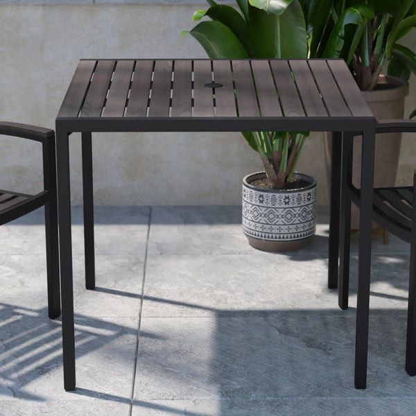 Gray Wash Teak |#| Steel All-Weather Patio Dining Table with Gray Wash Faux Teak Slat Top-Seats 4