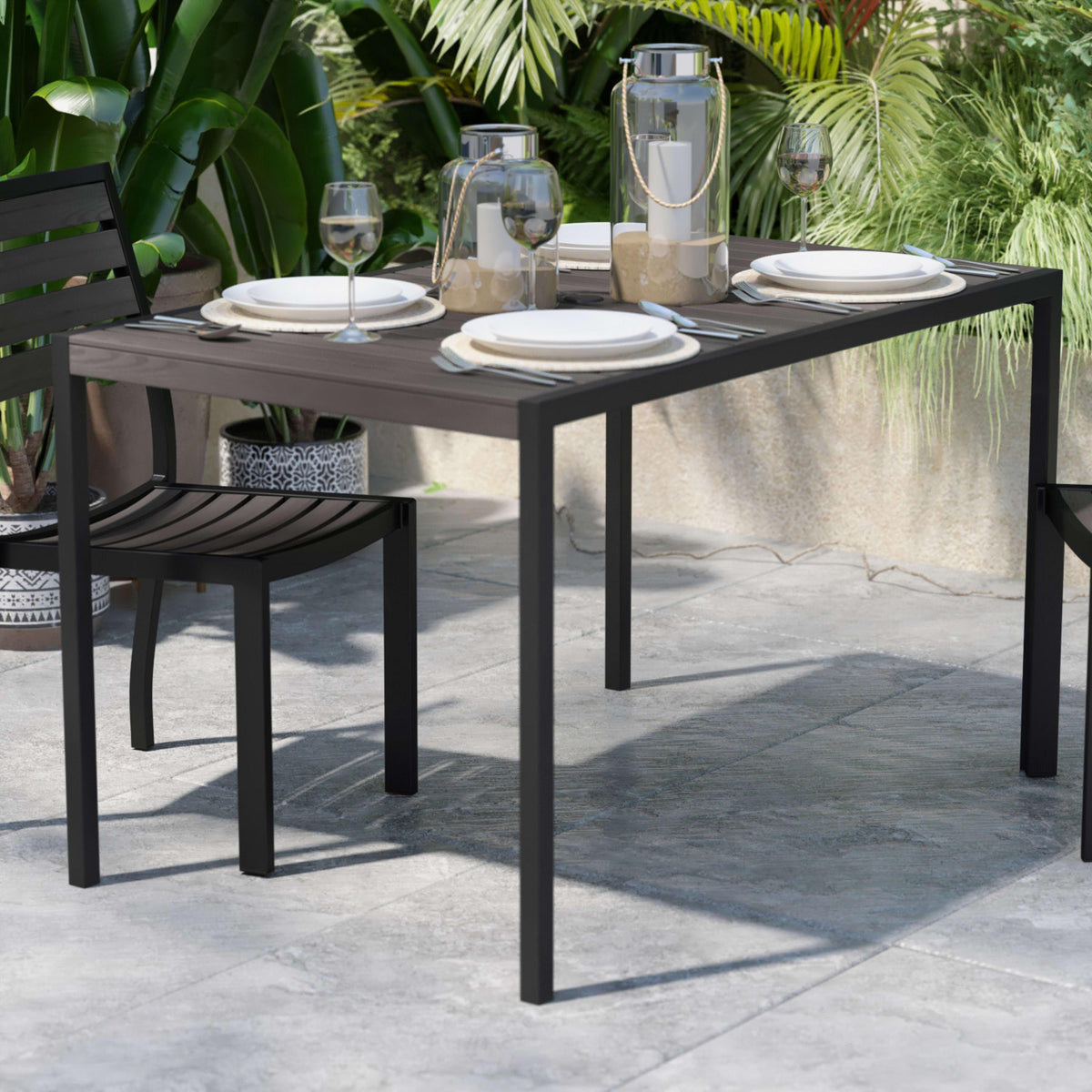 Gray Wash Teak |#| Steel All-Weather Patio Dining Table with Gray Wash Faux Teak Slat Top-Seats 4