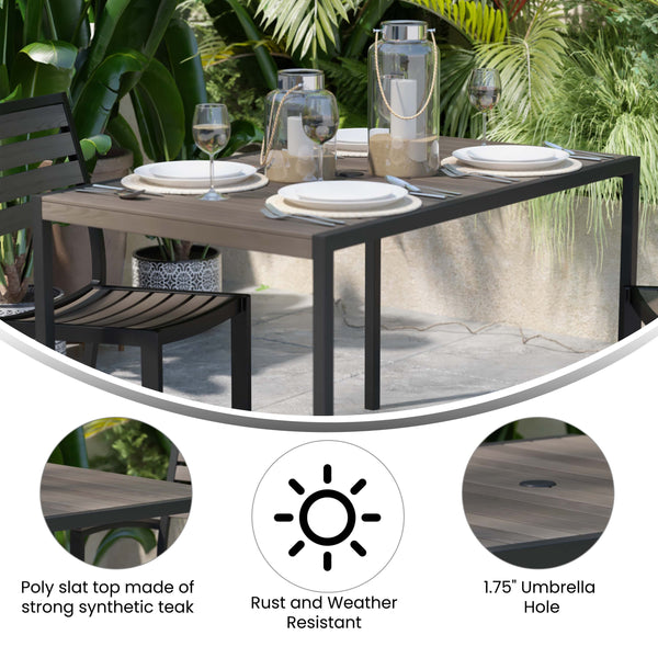 Gray Wash Teak |#| Steel All-Weather Patio Dining Table with Gray Wash Faux Teak Slat Top-Seats 4