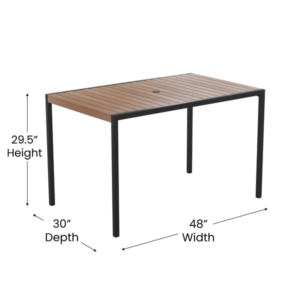 Teak |#| 30inch x 48inch All-Weather Faux Teak Patio Dining Table with Steel Frame - Seats 4