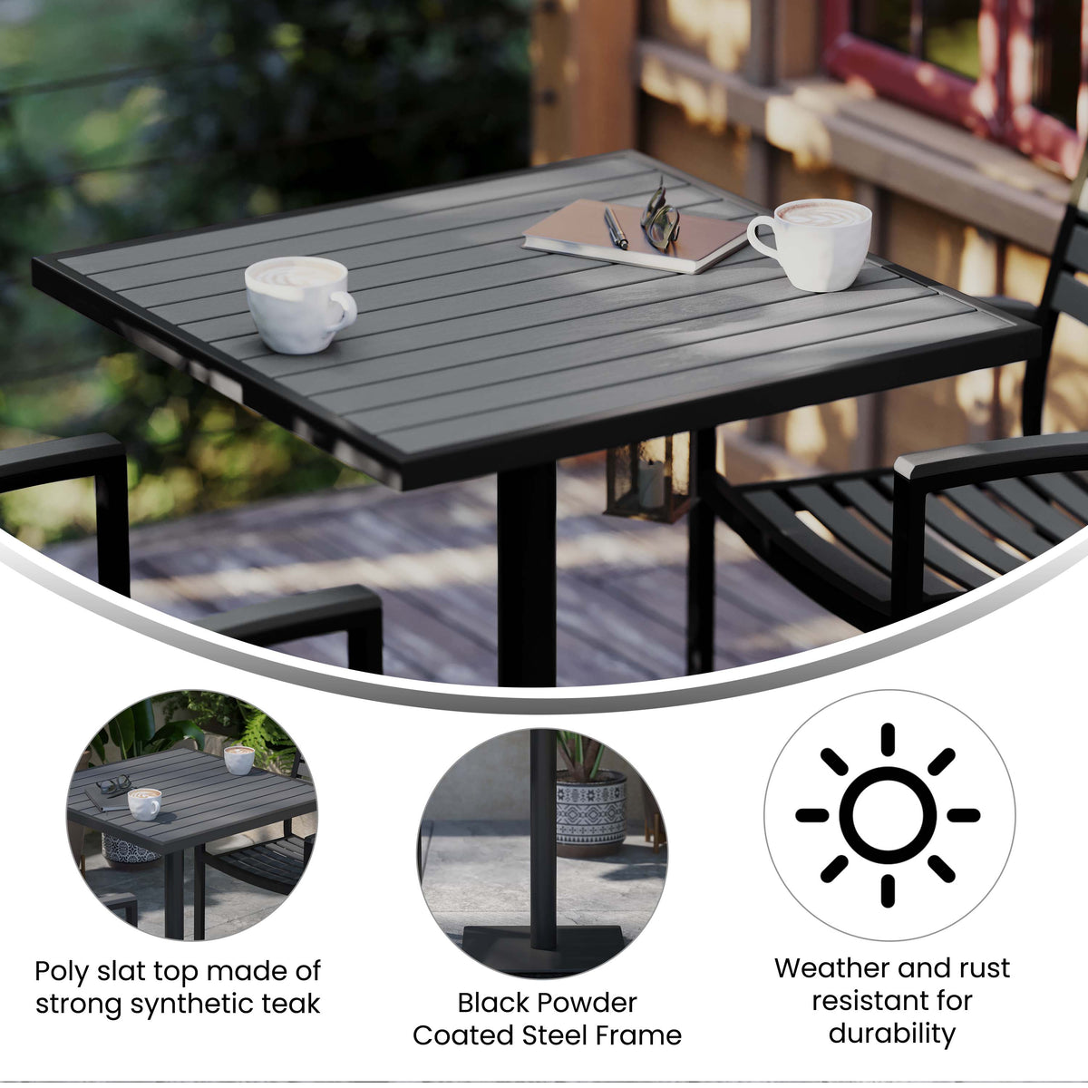 Gray Wash Teak |#| Outdoor Gray Wash Faux Teak Dining Table with Poly Slats - Square Patio Table