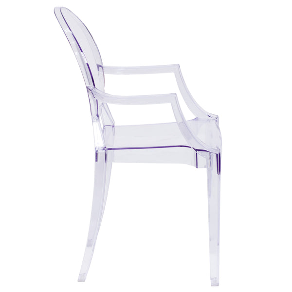 Oval Back Ghost Chair with Arms in Transparent Crystal - Stackable Side Chair