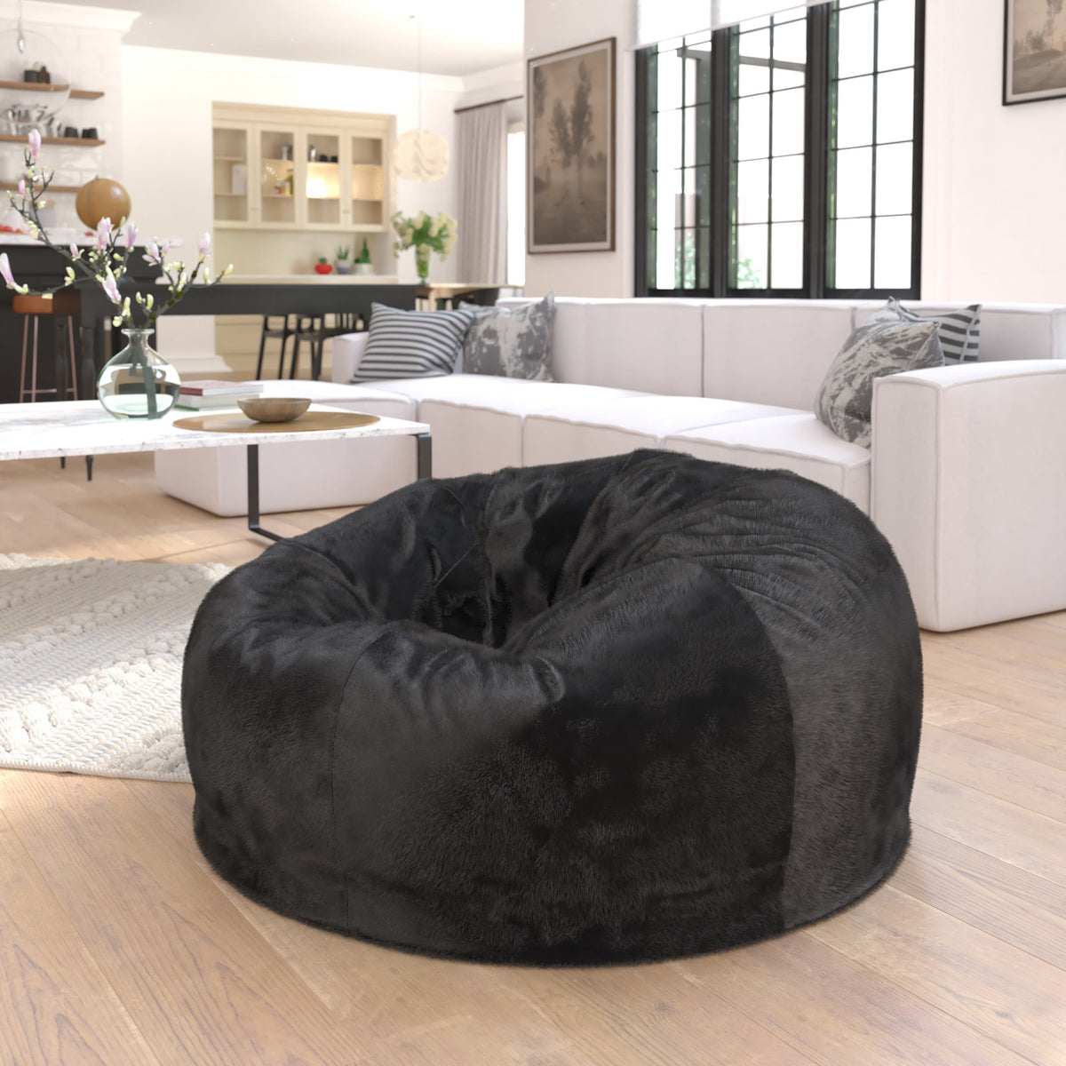 Black Furry |#| Oversized Black Furry Refillable Bean Bag Chair for All Ages