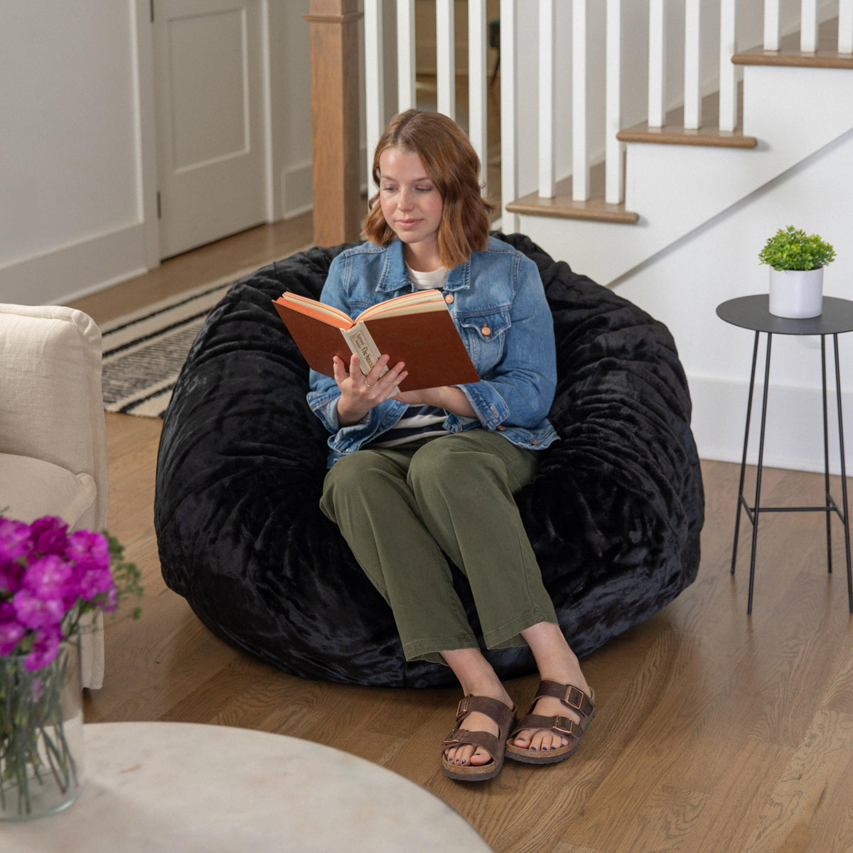 Black Furry |#| Oversized Black Furry Refillable Bean Bag Chair for All Ages