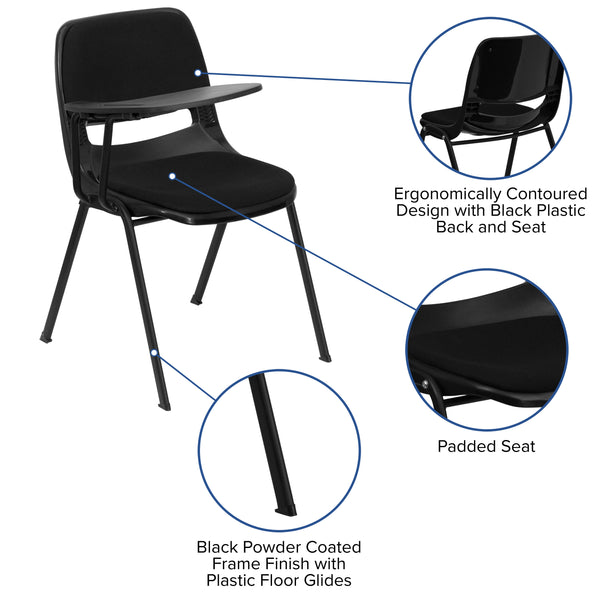 Black Padded Ergonomic Shell Chair with Right Handed Flip-Up Tablet Arm