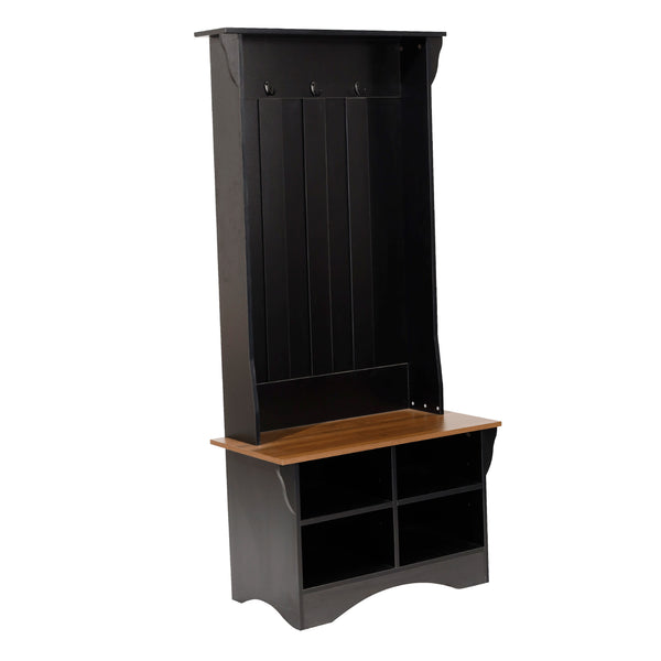 Walnut Seat/Black Frame |#| 31.5" Wide 3 Hook Hallway Tree with Divided Under Bench Storage-Black/Walnut