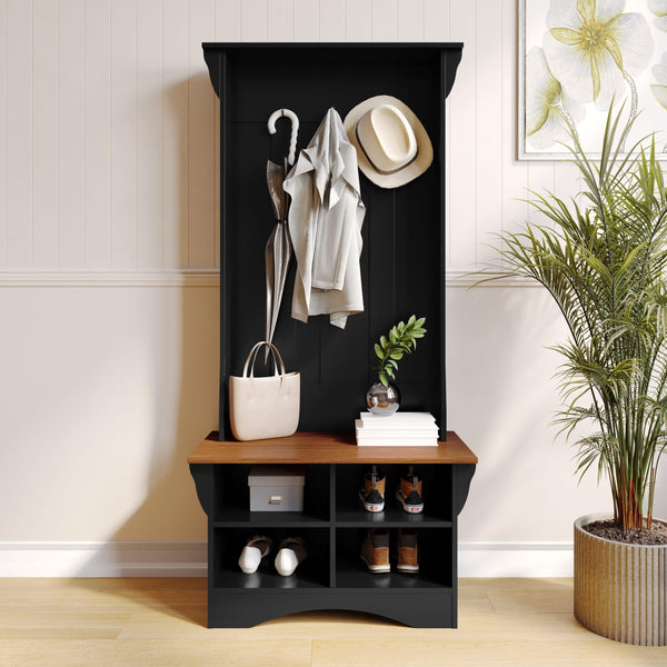 Walnut Seat/Black Frame |#| 31.5" Wide 3 Hook Hallway Tree with Divided Under Bench Storage-Black/Walnut