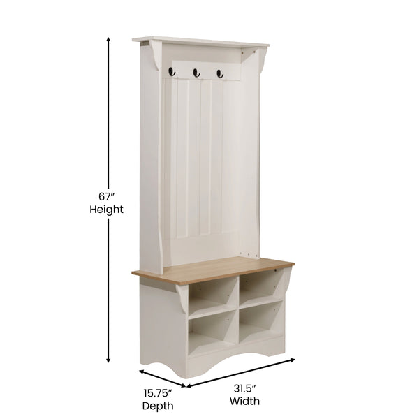 Weathered Natural Seat/Warm White Frame |#| 31.5" Wide 3 Hook Hallway Tree with Divided Under Bench Storage-White/Weathered