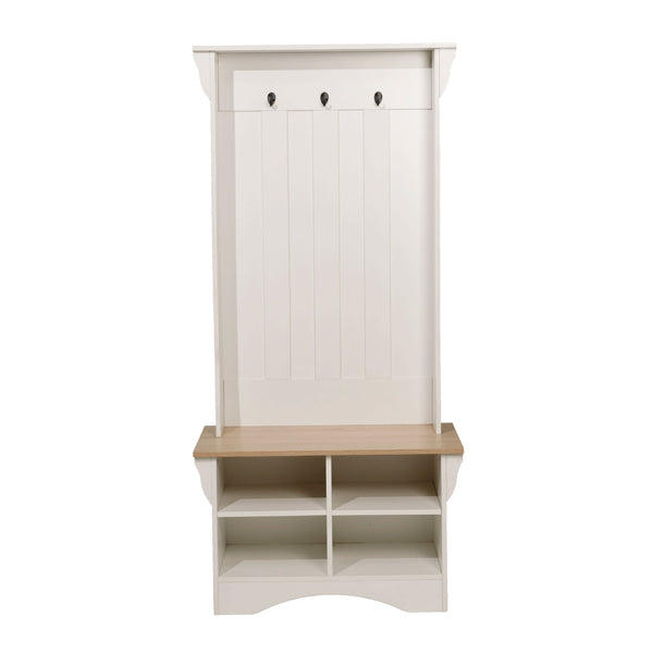 Weathered Natural Seat/Warm White Frame |#| 31.5" Wide 3 Hook Hallway Tree with Divided Under Bench Storage-White/Weathered