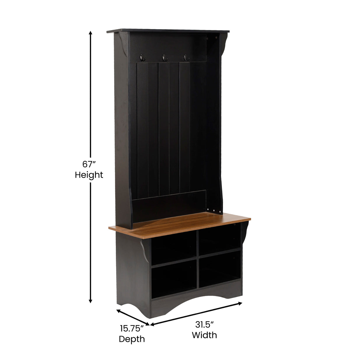 Walnut Seat/Black Frame |#| 31.5" Wide 3 Hook Hallway Tree with Divided Under Bench Storage-Black/Walnut