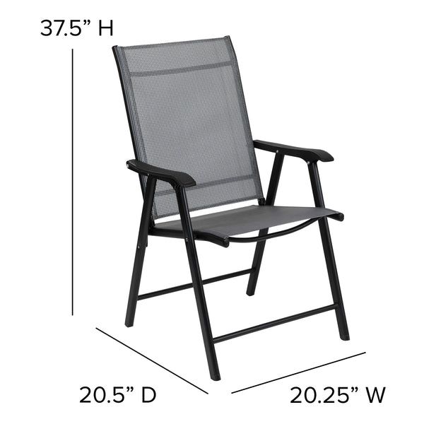 Gray |#| Portable Gray Outdoor Folding Patio Sling Chair with Black Frame - Set of 2