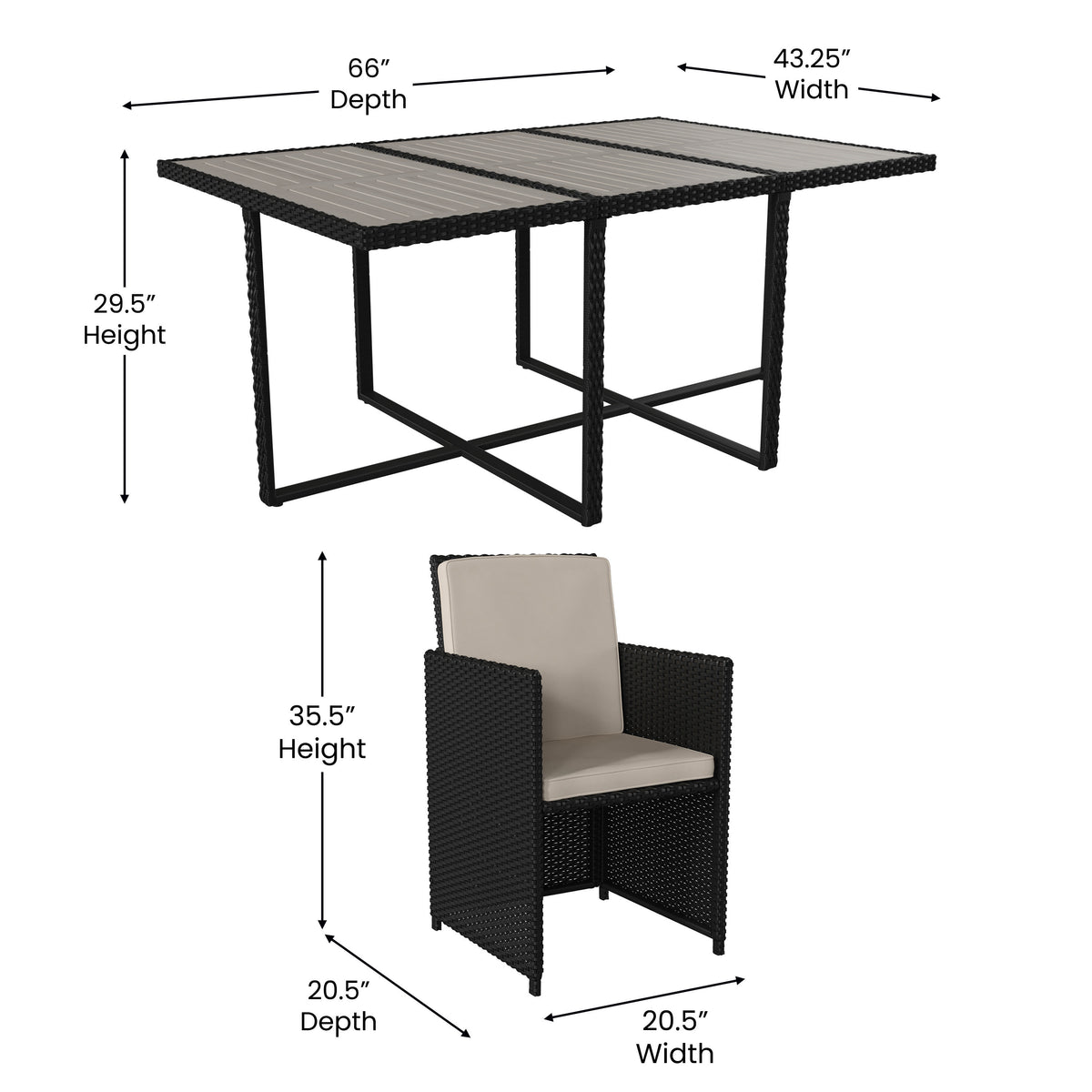 Gray Top/Black Frame |#| Space Saving Modular Patio Set with Gray Acacia Table & 6 Black Wicker Chairs