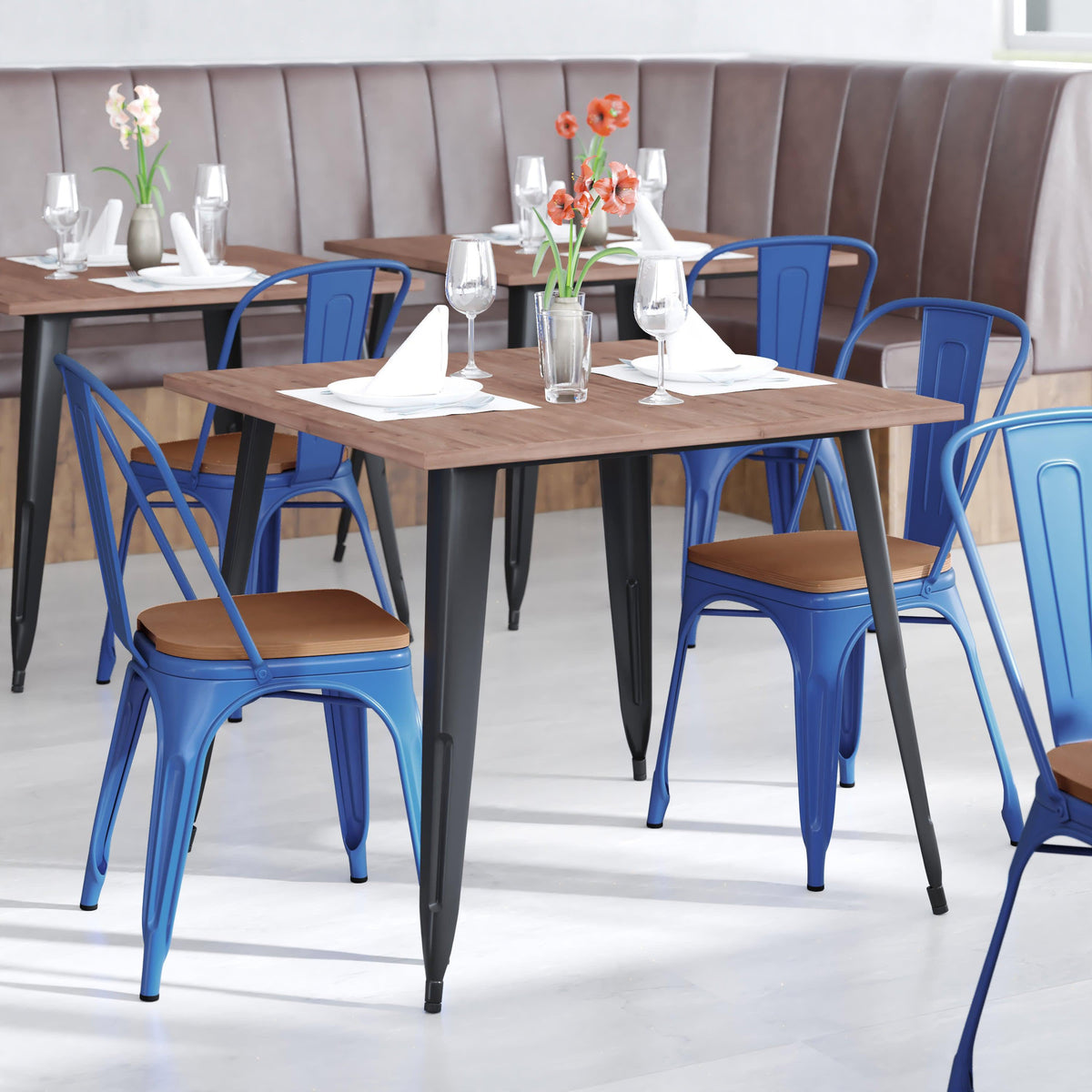 Blue/Teak |#| All-Weather Commercial Stack Chair & Poly Resin Seat - Blue/Teak