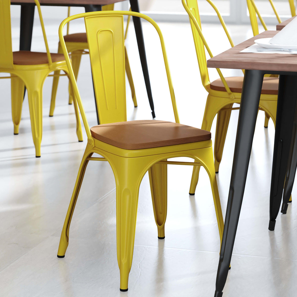 Yellow/Teak |#| All-Weather Commercial Stack Chair & Poly Resin Seat - Yellow/Teak