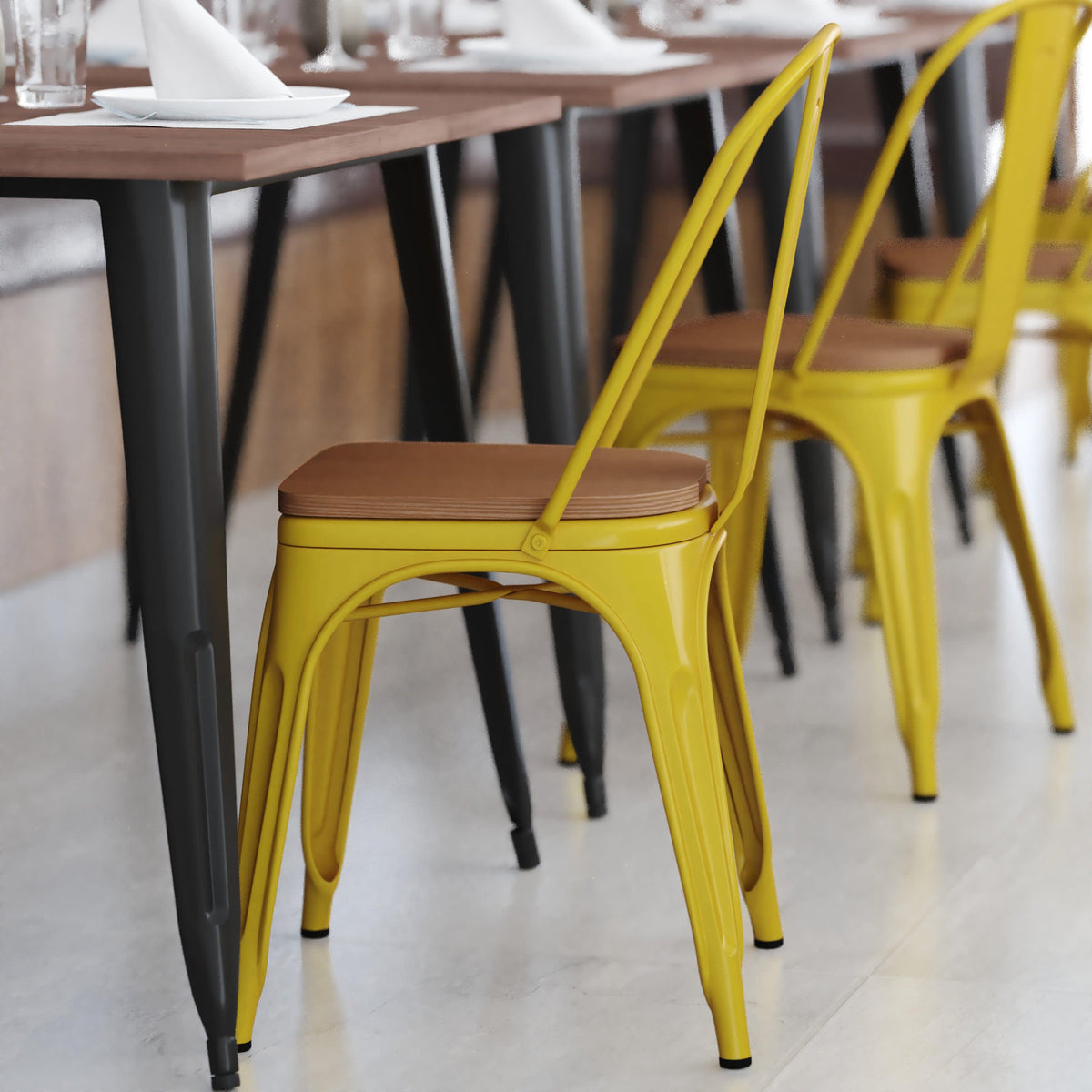 Yellow/Teak |#| All-Weather Commercial Stack Chair & Poly Resin Seat - Yellow/Teak