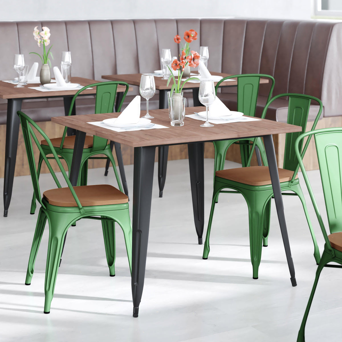 Green/Teak |#| All-Weather Commercial Stack Chair & Poly Resin Seat - Green/Teak