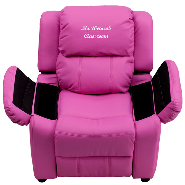 Hot Pink Vinyl |#| Personalized Deluxe Padded Hot Pink Vinyl Kids Recliner with Storage Arms