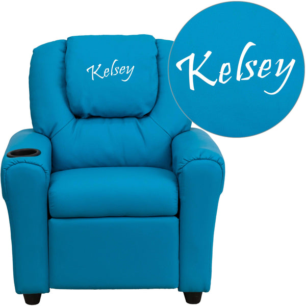 Turquoise Vinyl |#| Personalized Turquoise Vinyl Kids Recliner with Cup Holder and Headrest