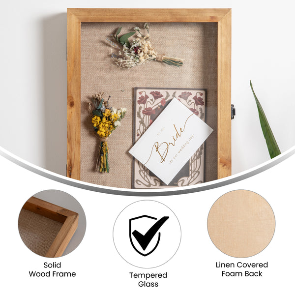 Weathered Brown,11.5"W x 2"D x 14"H |#| Solid Pine Weathered Brown Shadow Display Case with Linen Liner - 11 x 14