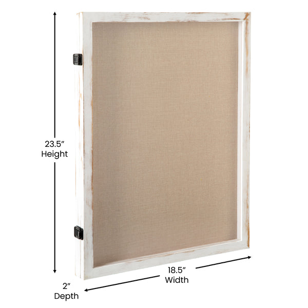 White Wash,18.5"W x 2"D x 23.5"H |#| Solid Pine Whitewash Shadow Display Case with Linen Liner - 18 x 24