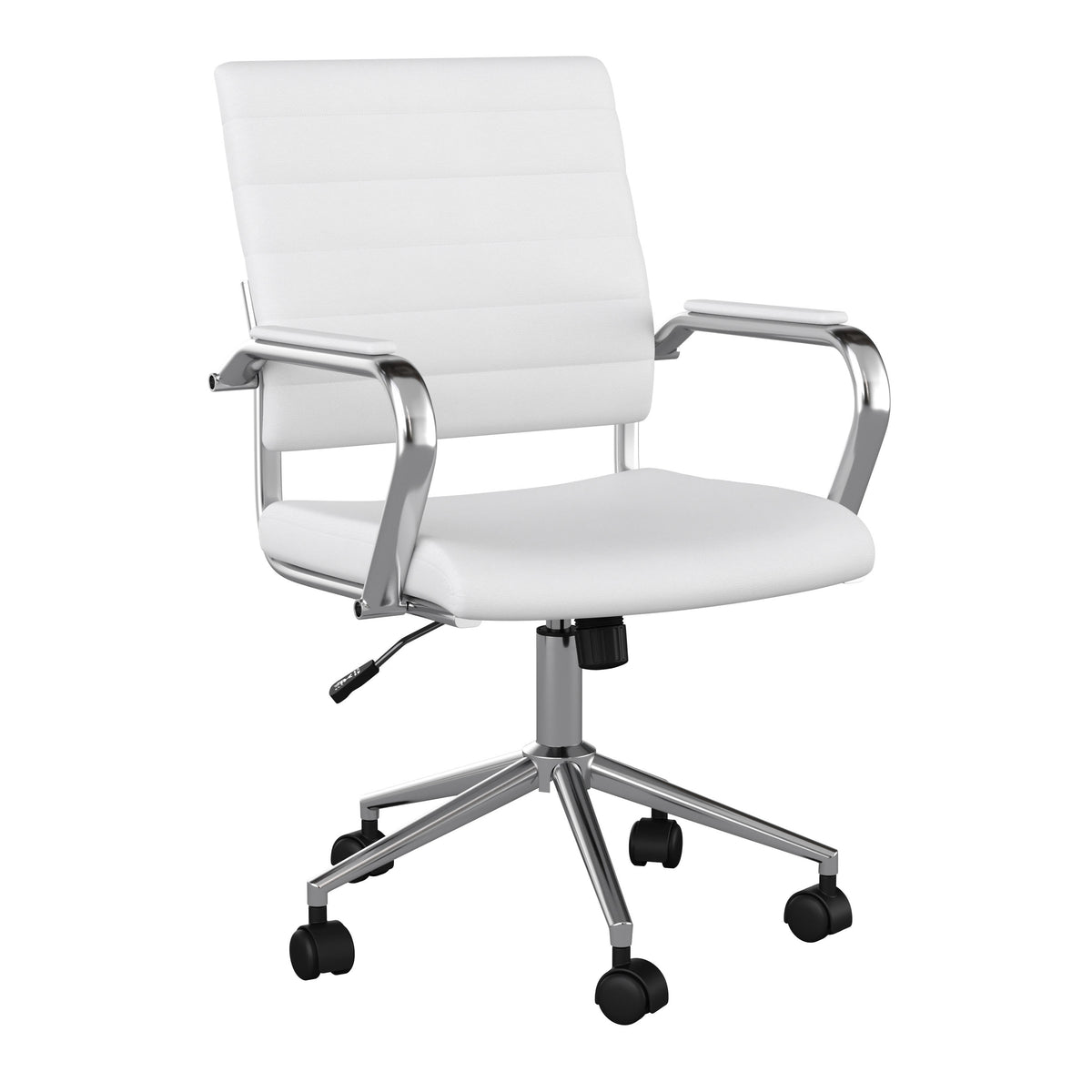 White Faux Leather/Polished Nickel |#| Ribbed Faux Leather Swivel Home Office Chair with Armrests-White/Polished Nickel