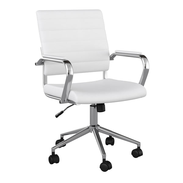 White Faux Leather/Polished Nickel |#| Ribbed Faux Leather Swivel Home Office Chair with Armrests-White/Polished Nickel