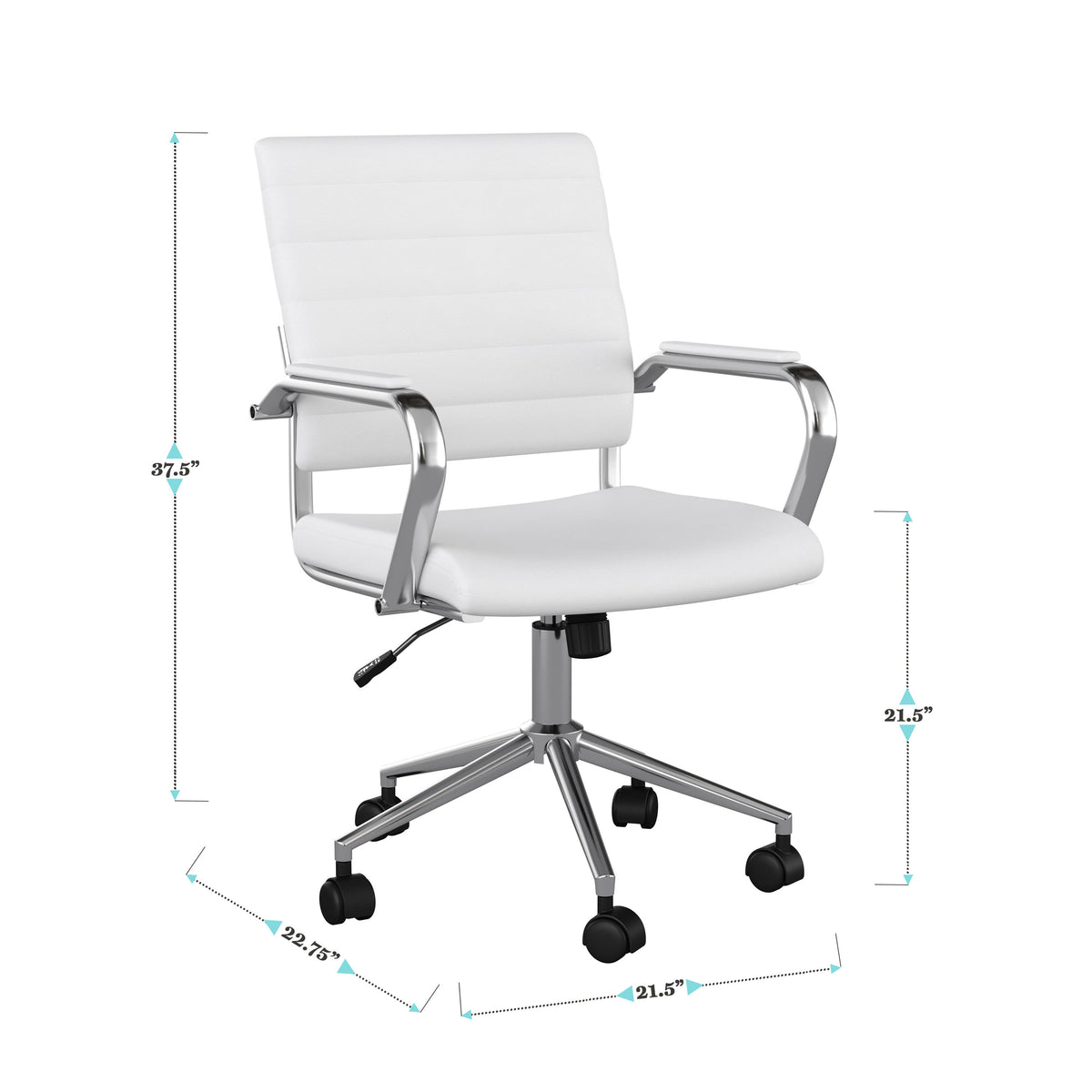 White Faux Leather/Polished Nickel |#| Ribbed Faux Leather Swivel Home Office Chair with Armrests-White/Polished Nickel