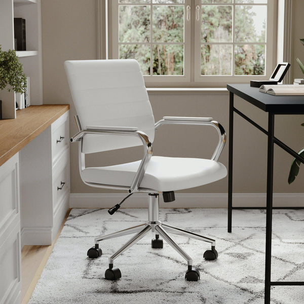 White Faux Leather/Polished Nickel |#| Ribbed Faux Leather Swivel Home Office Chair with Armrests-White/Polished Nickel