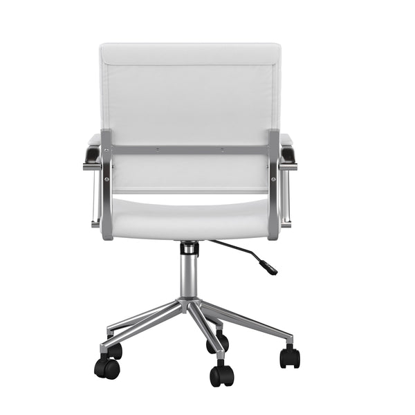 White Faux Leather/Polished Nickel |#| Ribbed Faux Leather Swivel Home Office Chair with Armrests-White/Polished Nickel