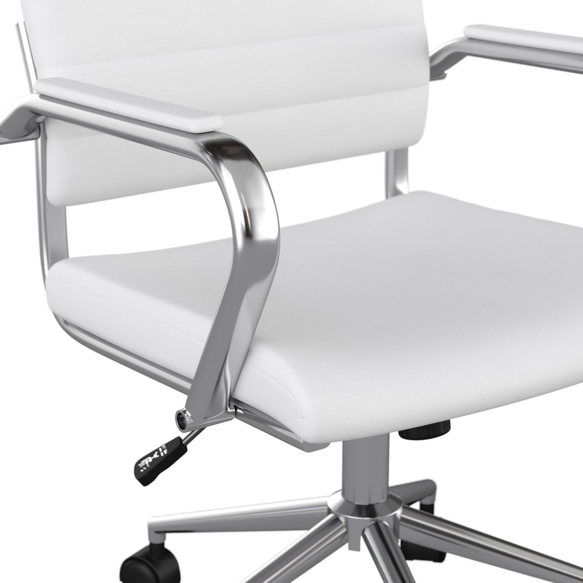 White Faux Leather/Polished Nickel |#| Ribbed Faux Leather Swivel Home Office Chair with Armrests-White/Polished Nickel