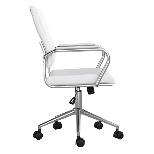 White Faux Leather/Polished Nickel |#| Ribbed Faux Leather Swivel Home Office Chair with Armrests-White/Polished Nickel