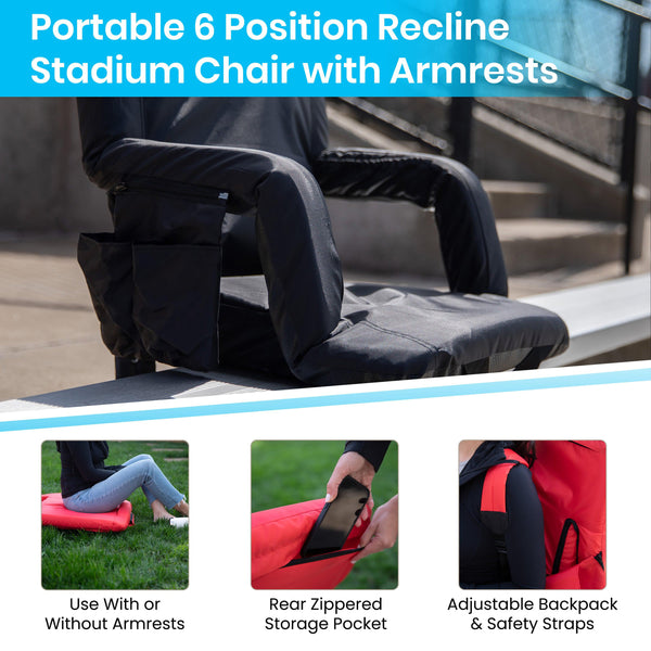 Black |#| Backpack Reclining Padded Stadium Chairs with Armrests & Storge Pockets in Black