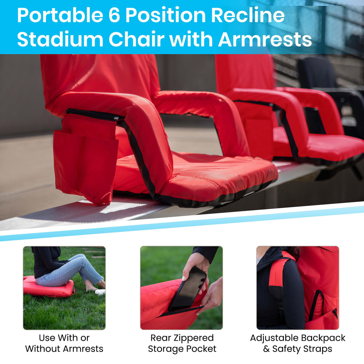 Red |#| Backpack Reclining Padded Stadium Chairs with Armrests & Storge Pockets in Red