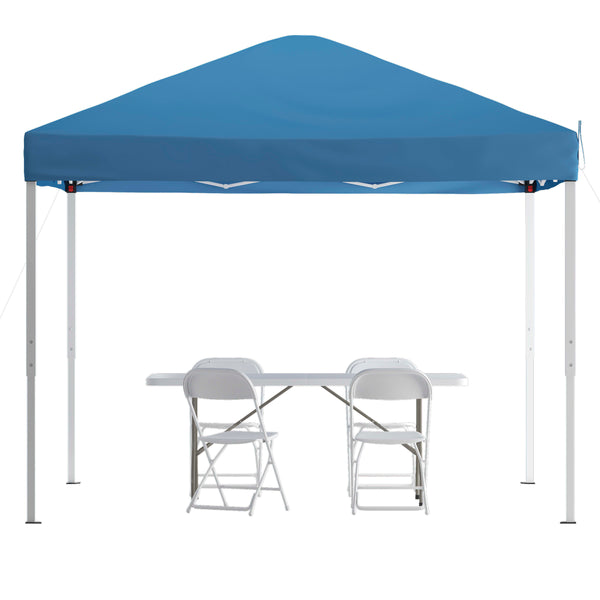 Blue |#| 10' x 10' Blue Pop Up Canopy, Folding Table and 4 White Folding Chairs Bundle