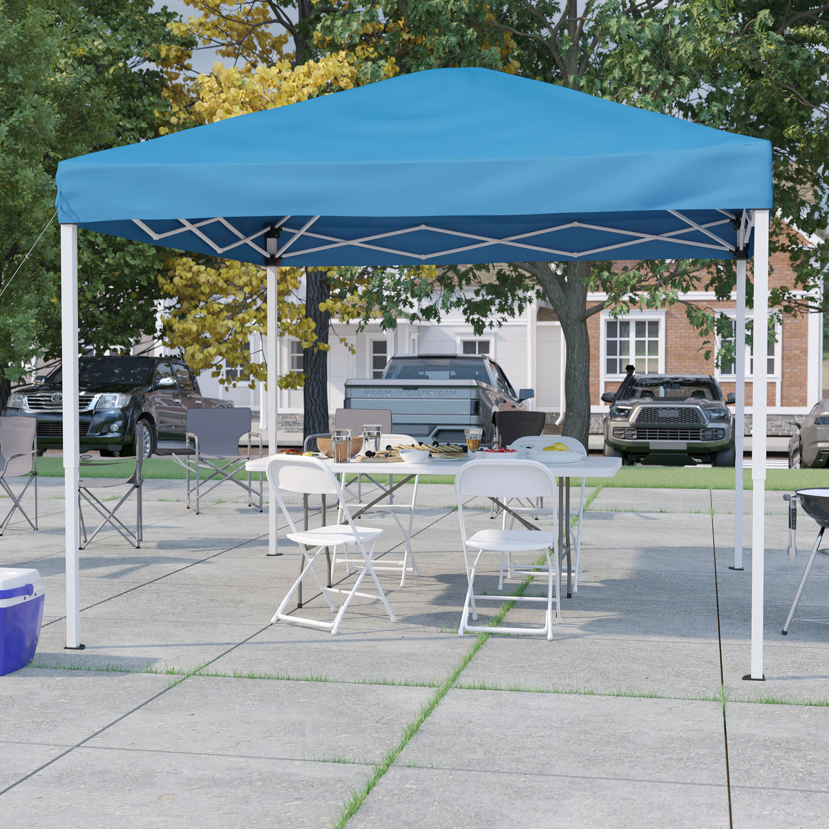 Blue |#| 10' x 10' Blue Pop Up Canopy, Folding Table and 4 White Folding Chairs Bundle