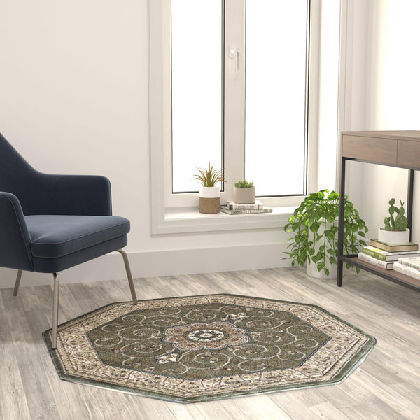 Green,4' Octagon |#| Medallion Motif Traditional Persian Style Round Area Rug in Green - 4' x 4'