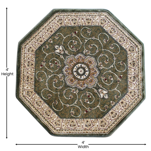 Green,4' Octagon |#| Medallion Motif Traditional Persian Style Round Area Rug in Green - 4' x 4'