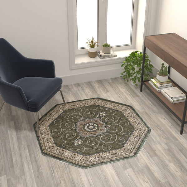 Green,4' Octagon |#| Medallion Motif Traditional Persian Style Round Area Rug in Green - 4' x 4'