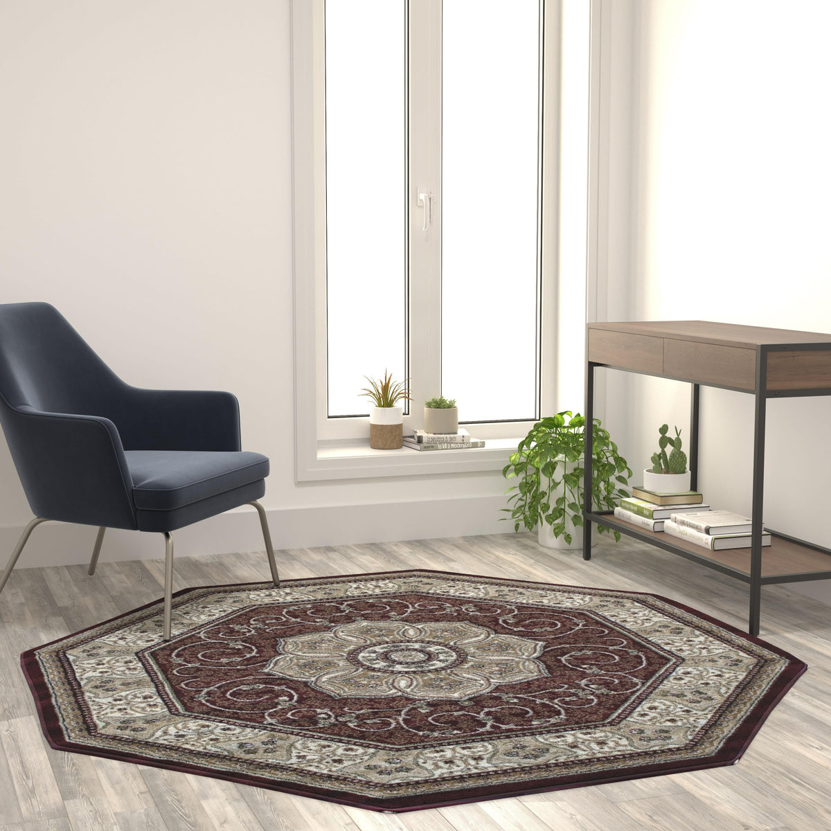 Burgundy,5' Octagon |#| Medallion Motif Traditional Persian Style Octagon Area Rug in Burgundy - 5' x 5'