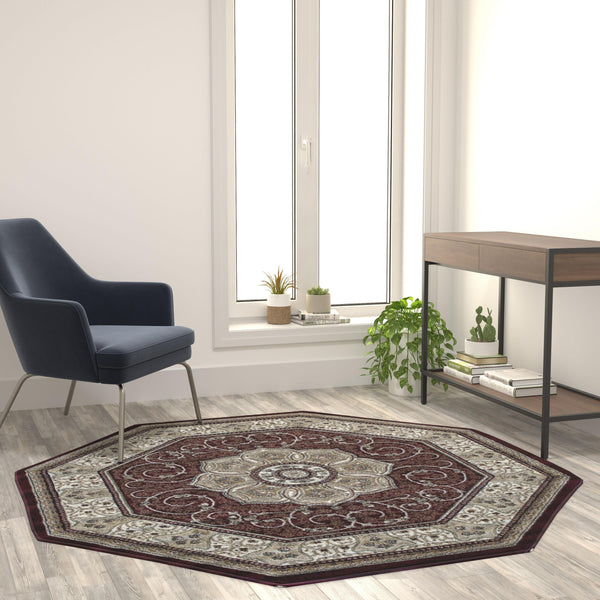 Burgundy,5' Octagon |#| Medallion Motif Traditional Persian Style Octagon Area Rug in Burgundy - 5' x 5'
